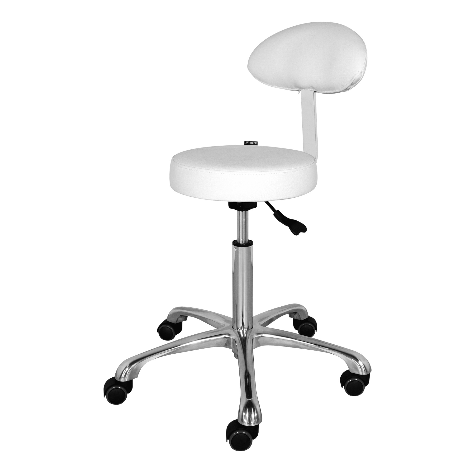 Round white professional operator's seat with backrest