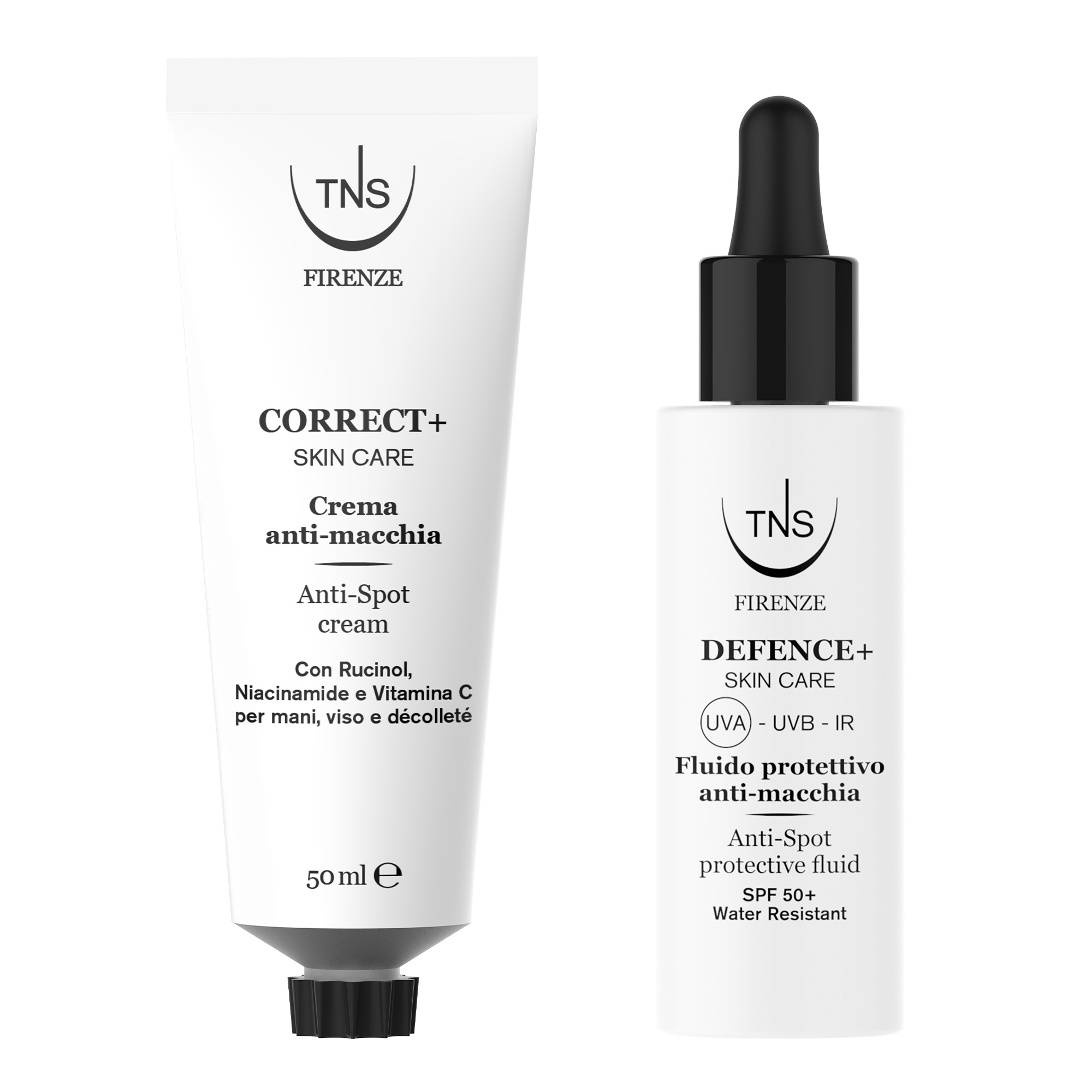 Espositore Crema anti-macchia Correct+ e Fluido solare Defence+ SPF50 mani, viso, decolleté TNS