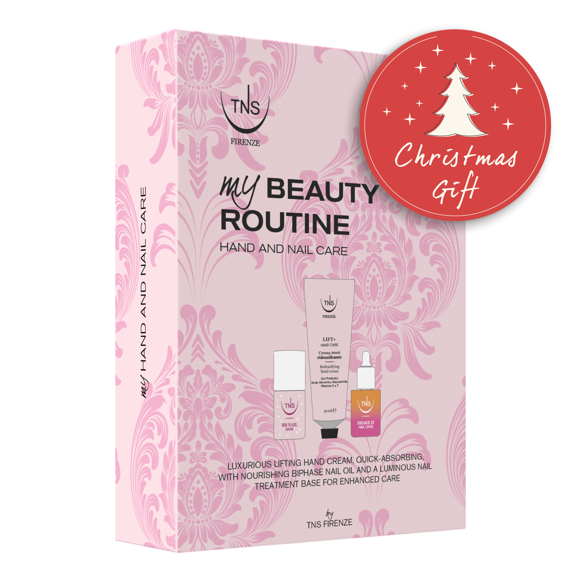 My Beauty Routinge coffret beauté avec la crème pour les mains Lift+, l'huile biphasée pour les ongles Shake-It et la BB Nail pink TNS