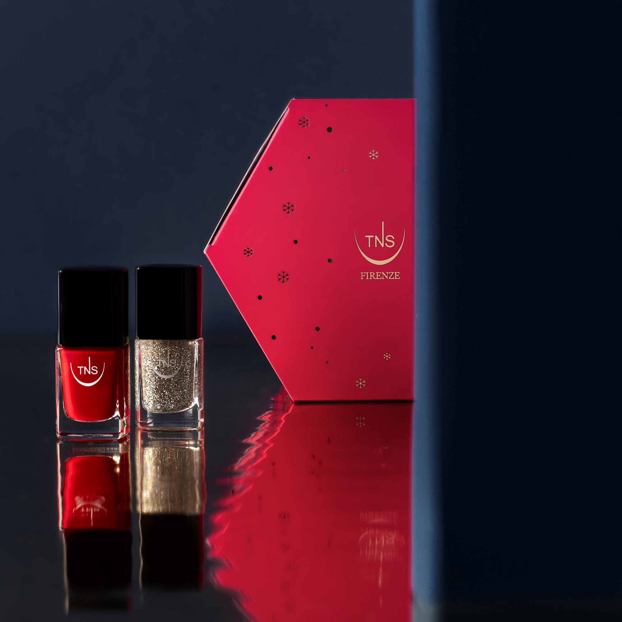 Coffret de beauté de Noël TNS avec vernis à ongles rouge foncé et vernis à ongles pailleté d'or